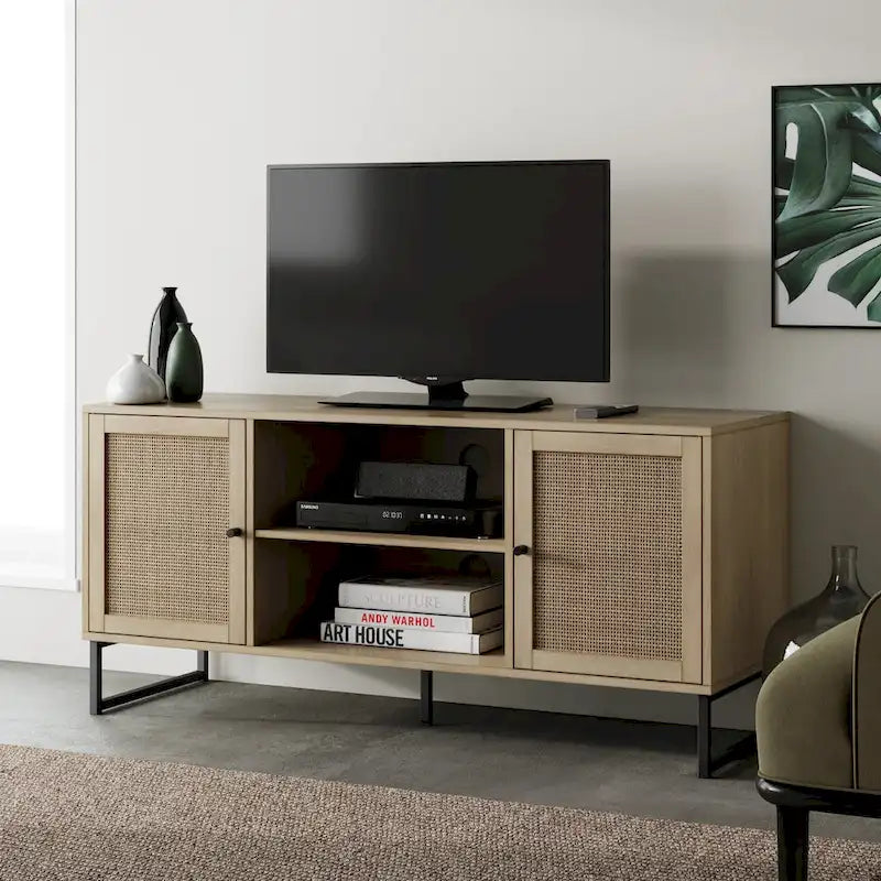 Mueble para TV estilo bohemio de 47" con puertas de gabinete de ratán y gestión de cables