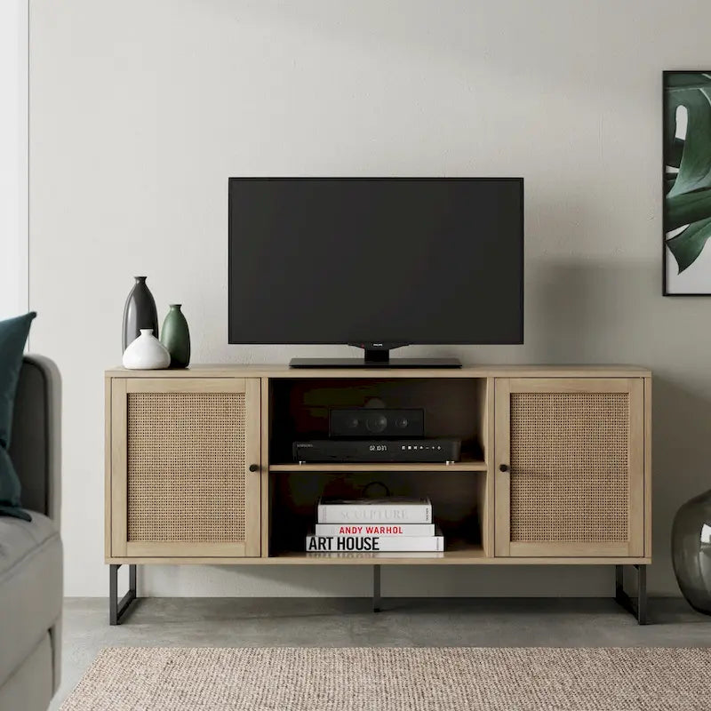 Mueble para TV estilo bohemio de 47" con puertas de gabinete de ratán y gestión de cables