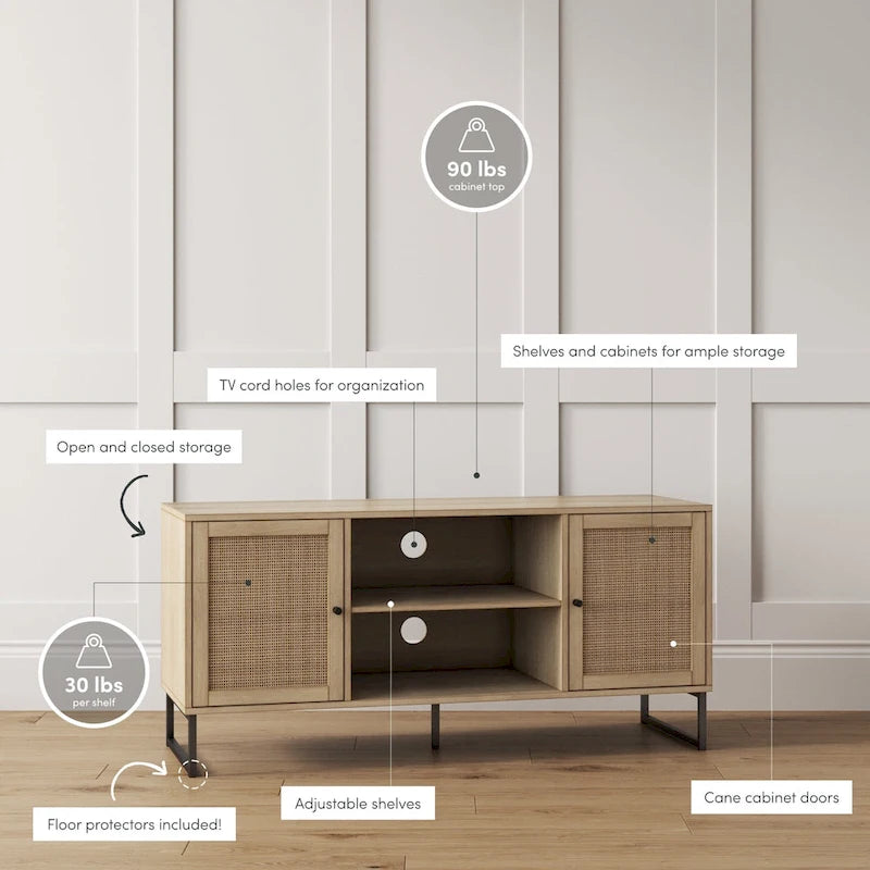 Mueble para TV estilo bohemio de 47" con puertas de gabinete de ratán y gestión de cables