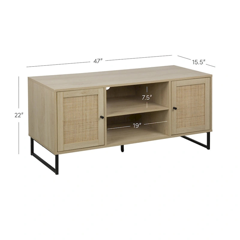 Mueble para TV estilo bohemio de 47" con puertas de gabinete de ratán y gestión de cables