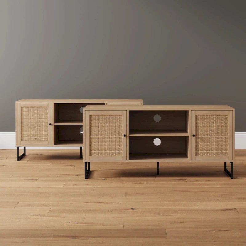 Mueble para TV estilo bohemio de 47" con puertas de gabinete de ratán y gestión de cables