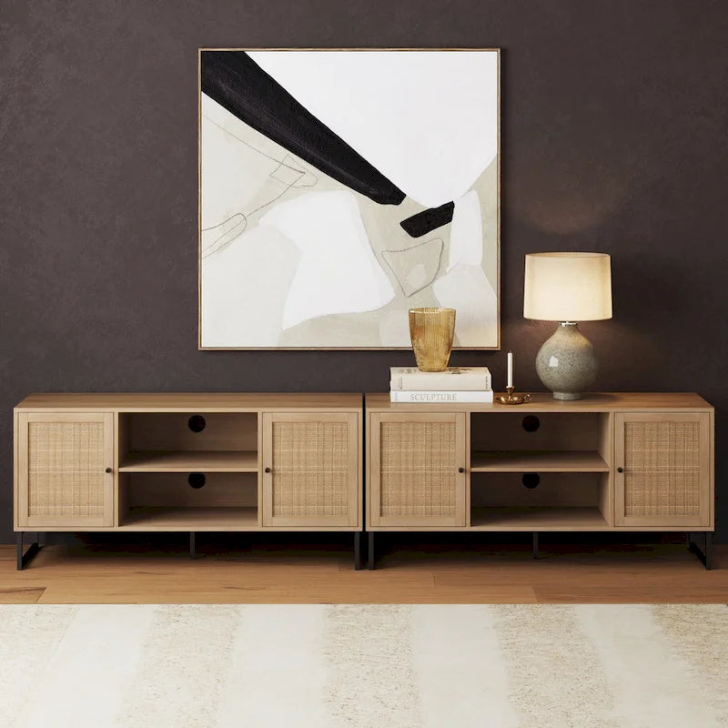 Mueble para TV estilo bohemio de 47" con puertas de gabinete de ratán y gestión de cables