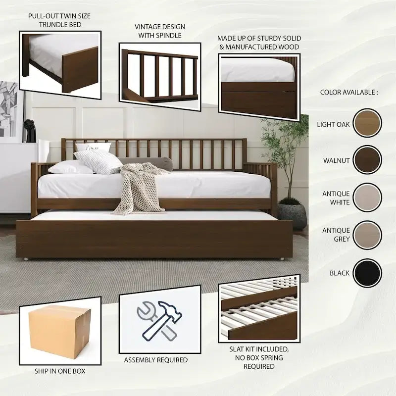 Sofá cama individual clásico de madera con nido – Estilo rústico