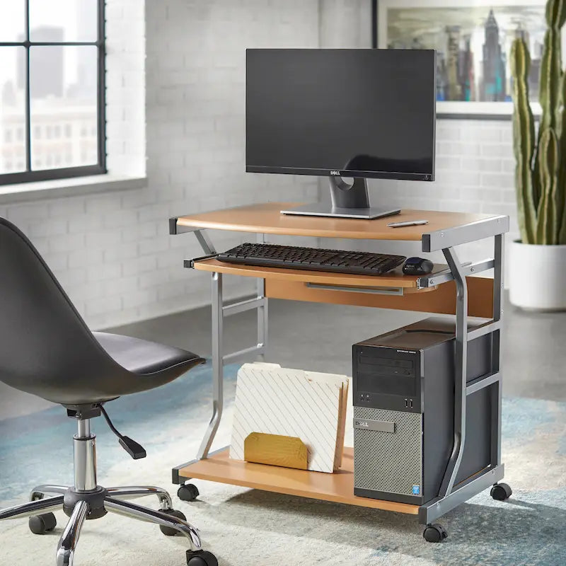 Mesa de escritorio rodante para ordenador con estantes de almacenamiento y ruedas