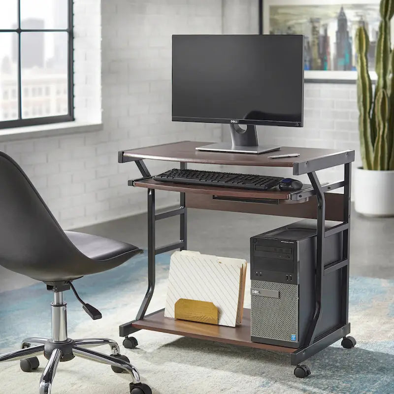Mesa de escritorio rodante para ordenador con estantes de almacenamiento y ruedas