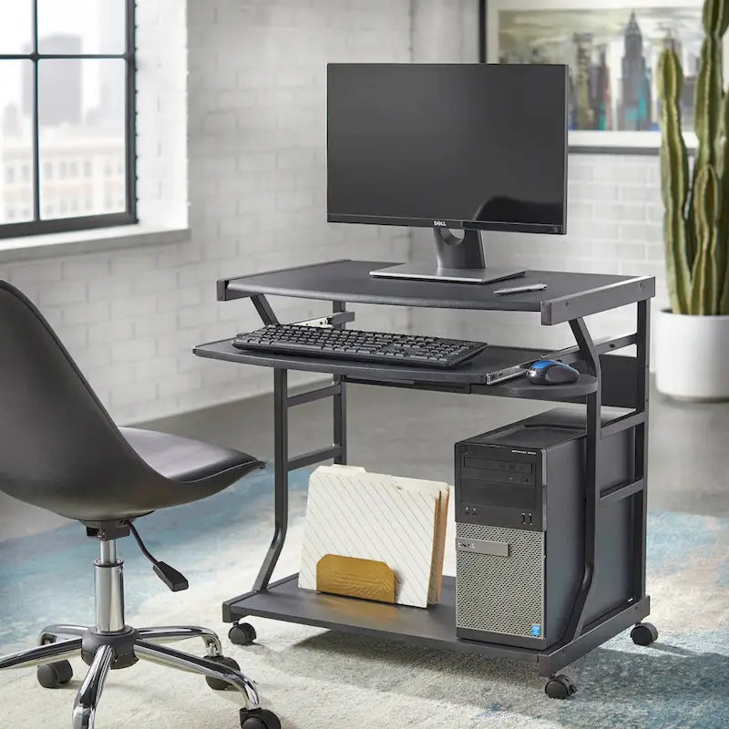 Mesa de escritorio rodante para ordenador con estantes de almacenamiento y ruedas