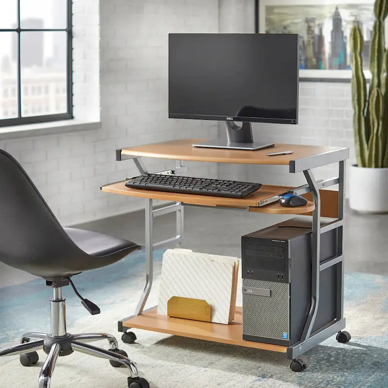 Mesa de escritorio rodante para ordenador con estantes de almacenamiento y ruedas