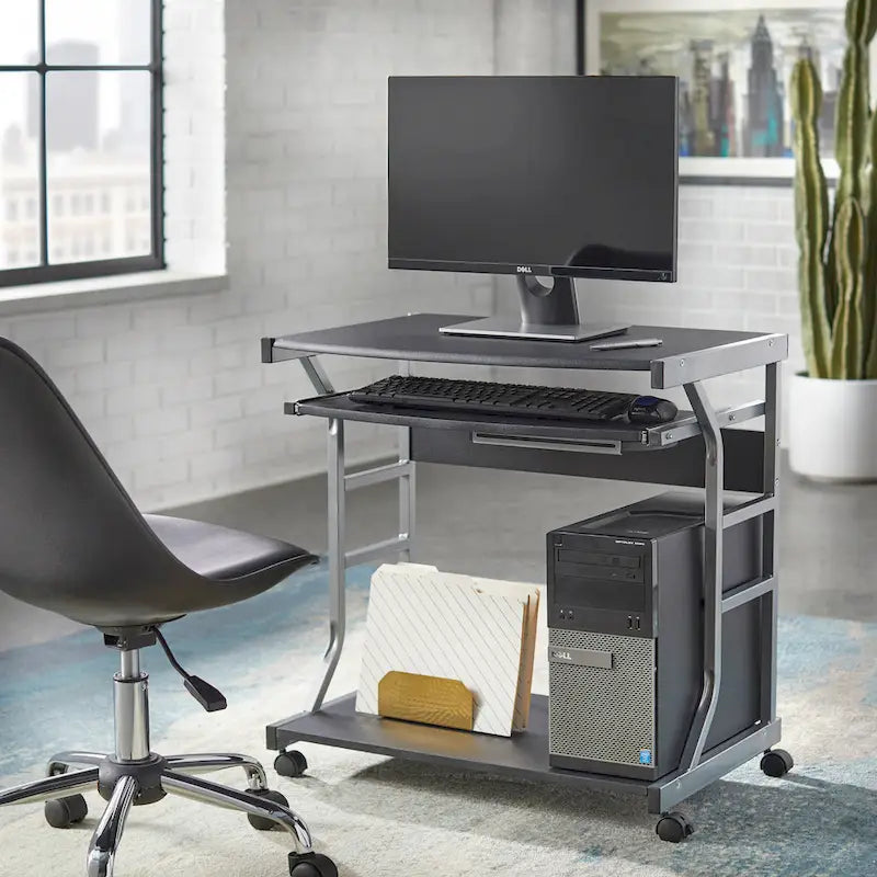 Mesa de escritorio rodante para ordenador con estantes de almacenamiento y ruedas