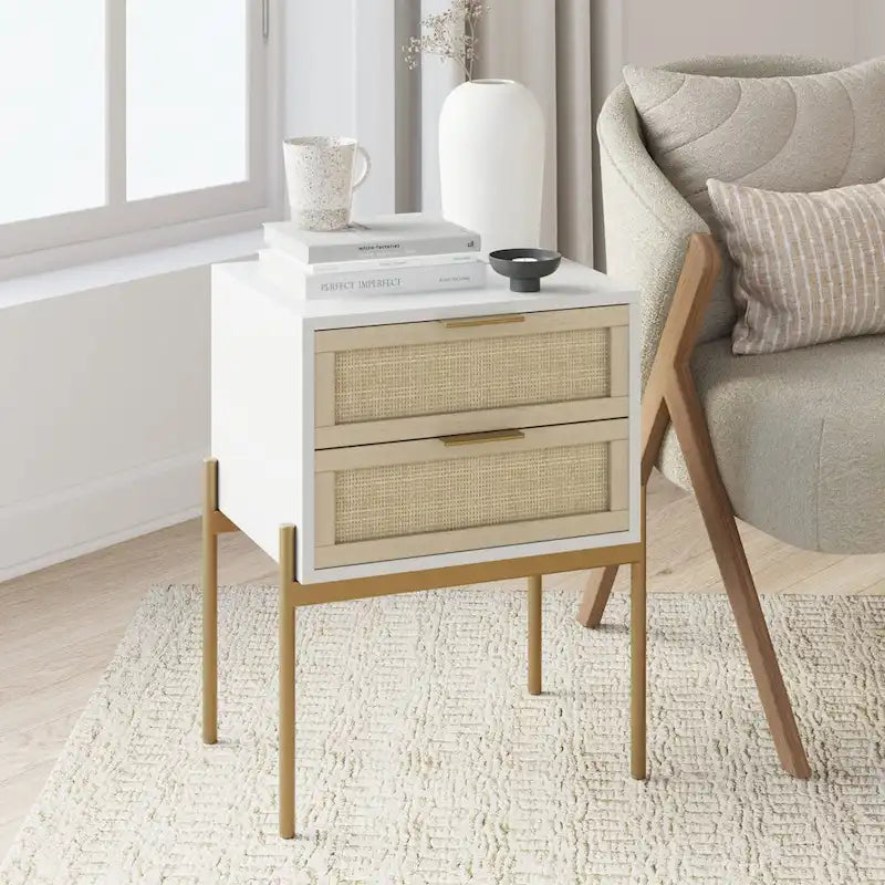 Nathan James Andrew Rattan End Side Table Storage Doors Gold Accents