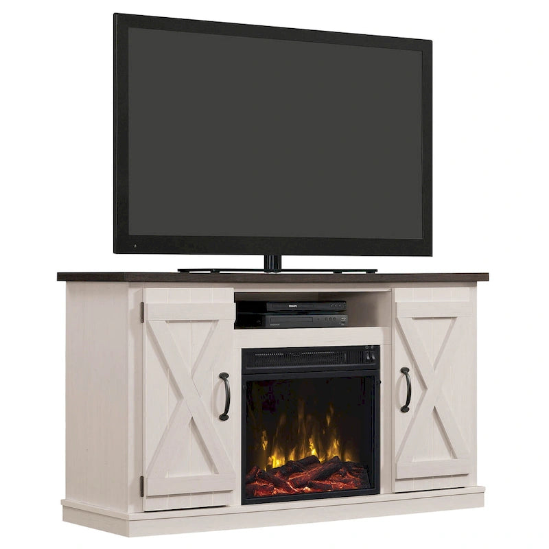 Mueble de TV estilo granja moderno para televisores de hasta 55 pulgadas con chimenea eléctrica