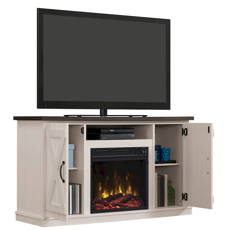 Mueble de TV estilo granja moderno para televisores de hasta 55 pulgadas con chimenea eléctrica