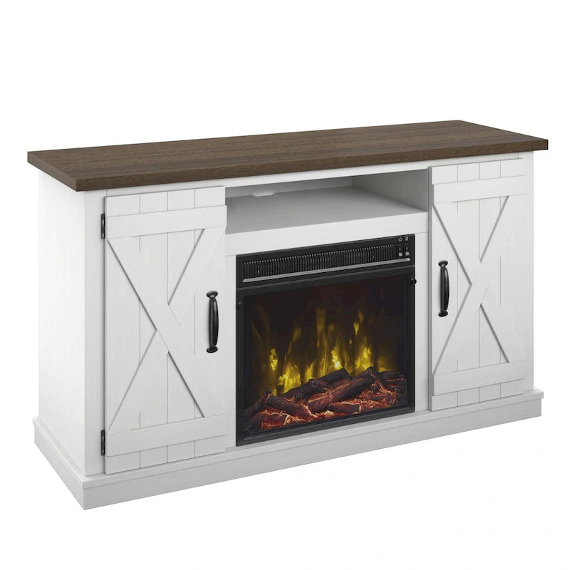 Mueble de TV estilo granja moderno para televisores de hasta 55 pulgadas con chimenea eléctrica