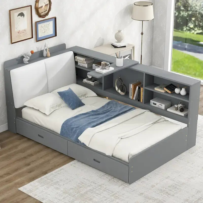 Cama de plataforma de madera doble con cabecero de almacenamiento, estantes y 2 cajones, gris