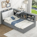 Cama de plataforma de madera doble con cabecero de almacenamiento, estantes y 2 cajones, gris