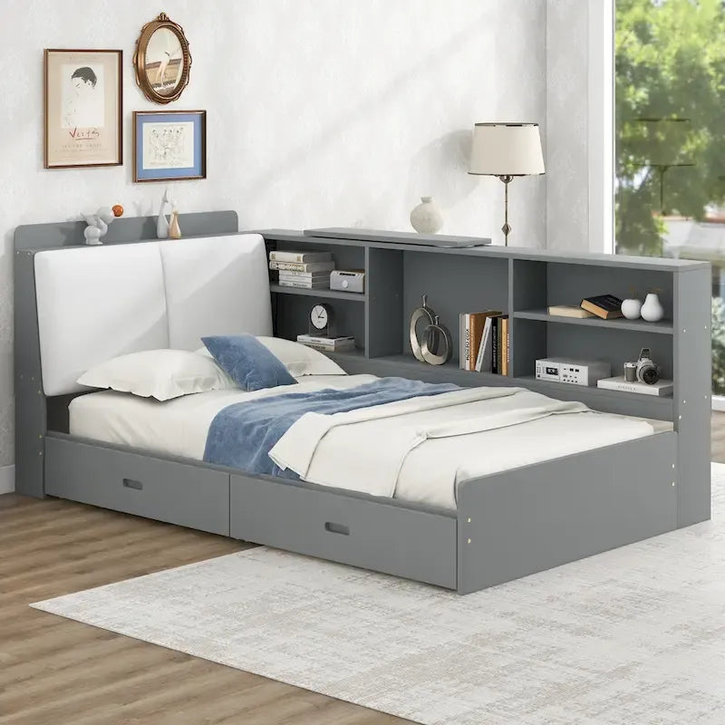 Cama de plataforma de madera doble con cabecero de almacenamiento, estantes y 2 cajones, gris