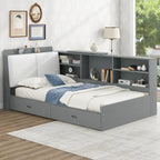 Cama de plataforma de madera doble con cabecero de almacenamiento, estantes y 2 cajones, gris