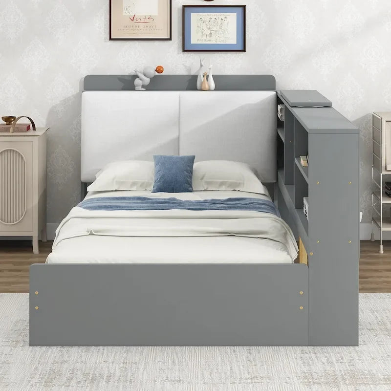 Cama de plataforma de madera doble con cabecero de almacenamiento, estantes y 2 cajones, gris