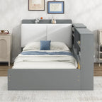 Cama de plataforma de madera doble con cabecero de almacenamiento, estantes y 2 cajones, gris