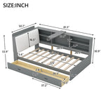 Cama de plataforma de madera doble con cabecero de almacenamiento, estantes y 2 cajones, gris