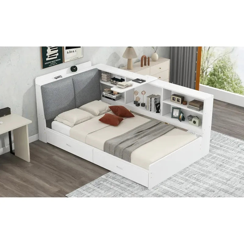 Cama de plataforma de madera doble con cabecero de almacenamiento, estantes y 2 cajones, gris