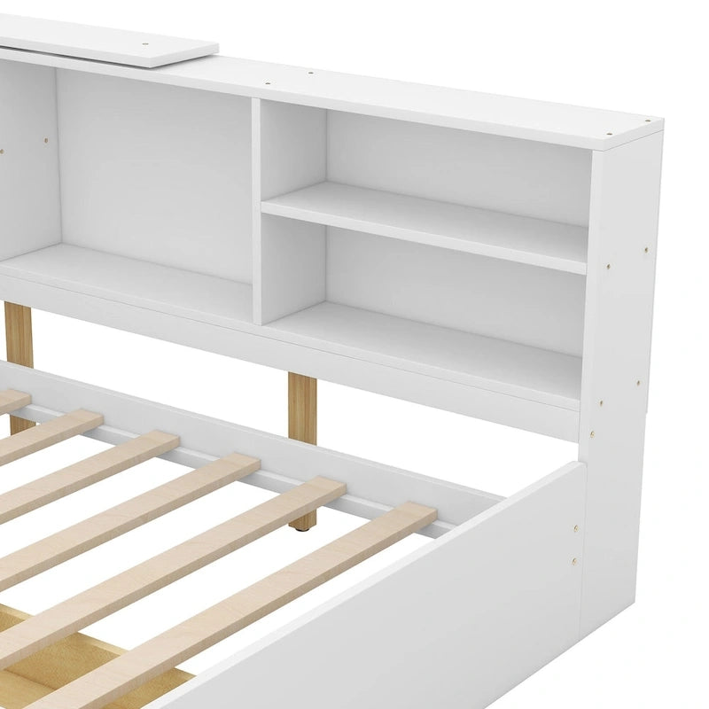 Cama de plataforma de madera doble con cabecero de almacenamiento, estantes y 2 cajones, gris