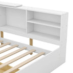 Cama de plataforma de madera doble con cabecero de almacenamiento, estantes y 2 cajones, gris
