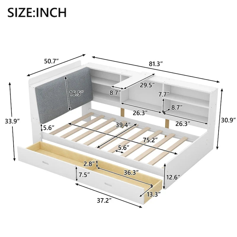 Cama de plataforma de madera doble con cabecero de almacenamiento, estantes y 2 cajones, gris