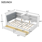 Cama de plataforma de madera doble con cabecero de almacenamiento, estantes y 2 cajones, gris