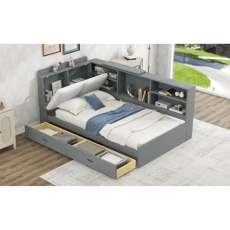 Cama de plataforma de madera doble con cabecero de almacenamiento, estantes y 2 cajones, gris