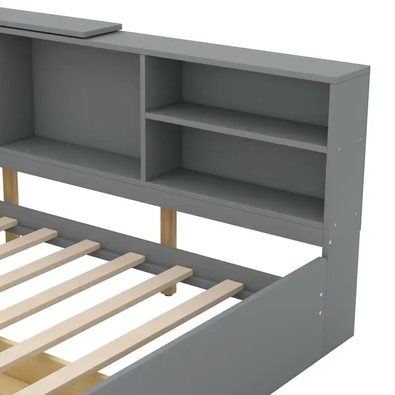Cama de plataforma de madera doble con cabecero de almacenamiento, estantes y 2 cajones, gris