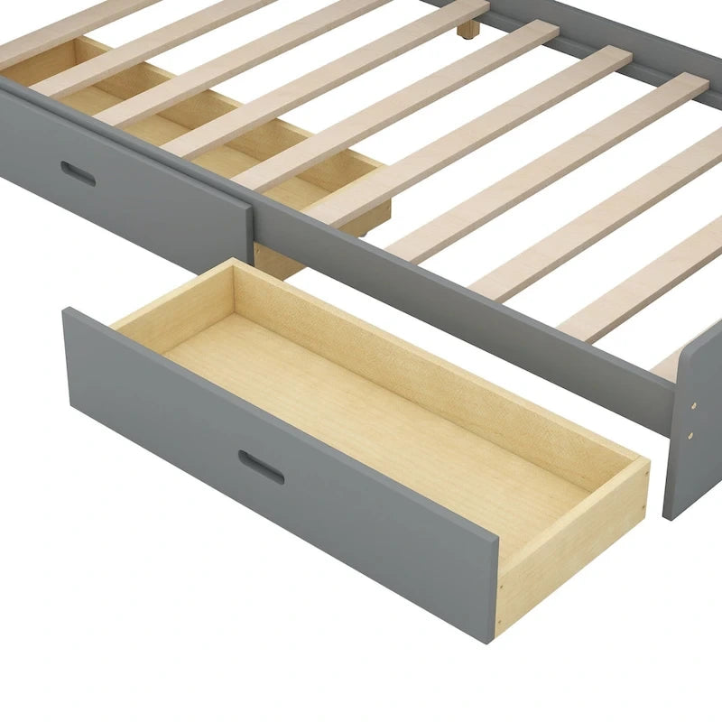 Cama de plataforma de madera doble con cabecero de almacenamiento, estantes y 2 cajones, gris