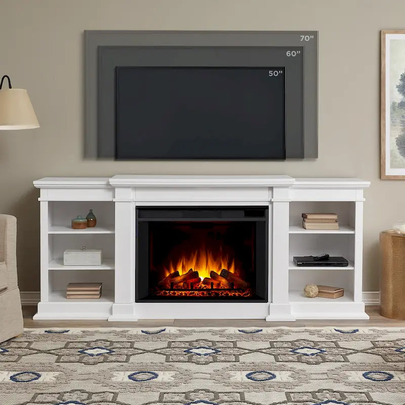 Mueble de TV grande de 81" con chimenea eléctrica en blanco