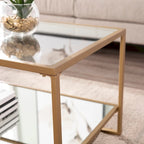Mesa de centro Glam dorada con tapa de cristal y estante de espejo