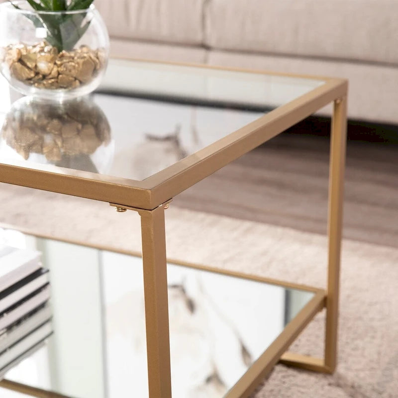 Mesa de centro Glam dorada con tapa de cristal y estante de espejo