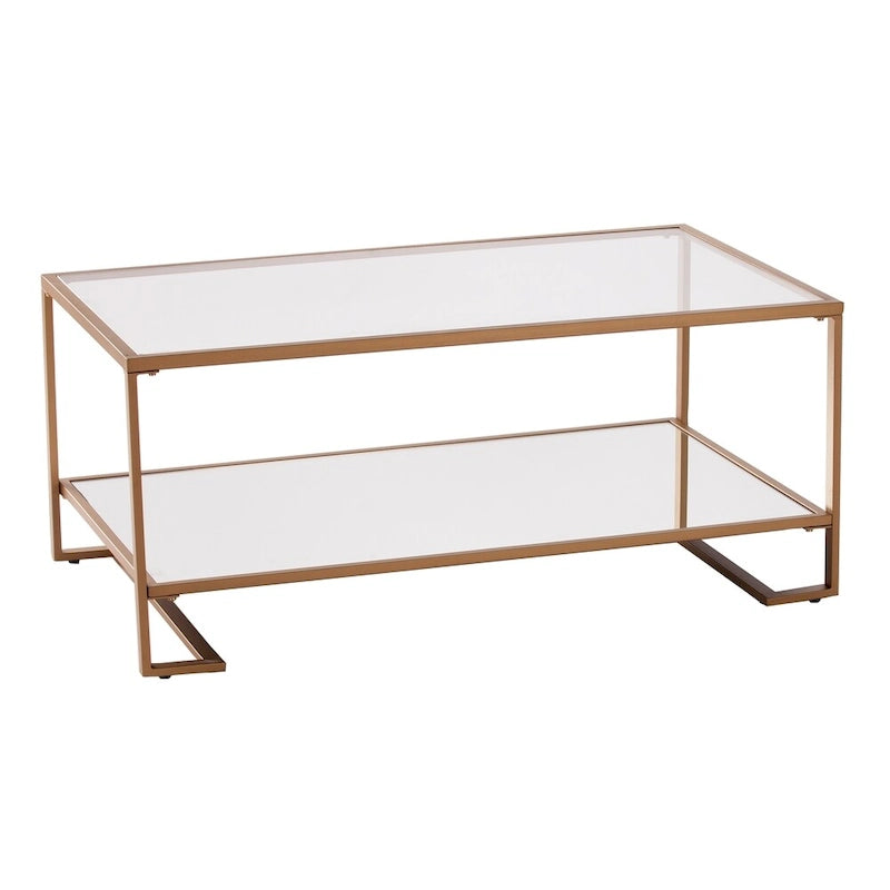 Mesa de centro Glam dorada con tapa de cristal y estante de espejo
