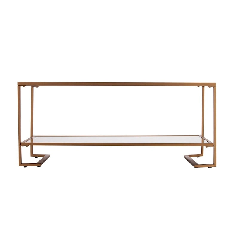 Mesa de centro Glam dorada con tapa de cristal y estante de espejo
