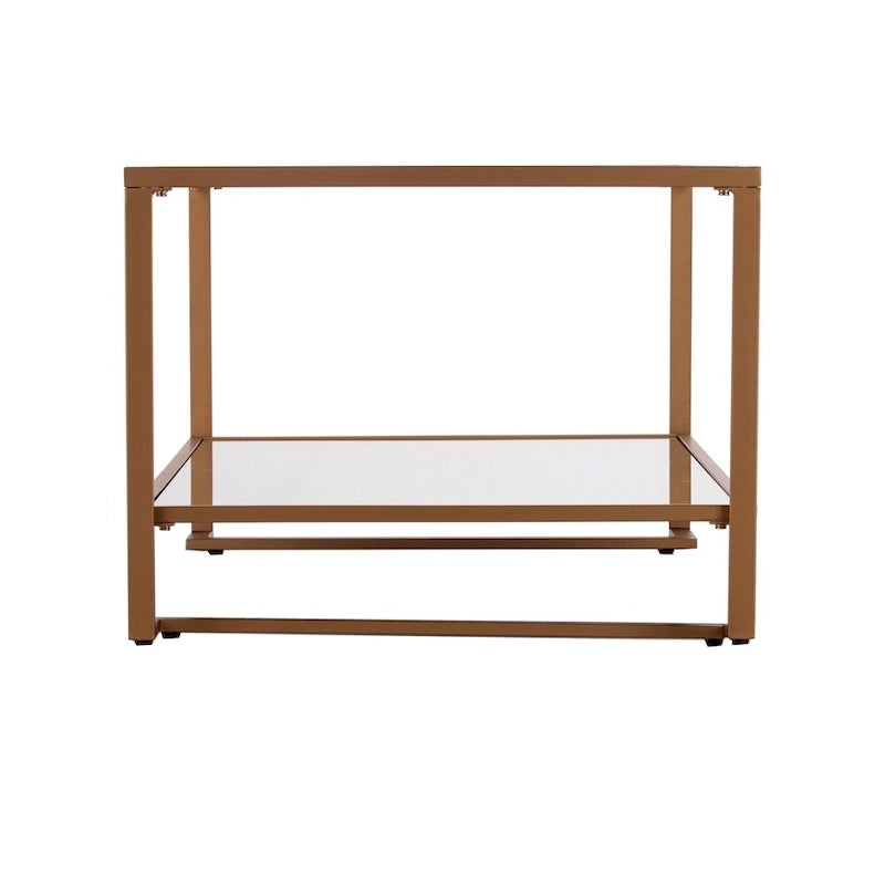 Mesa de centro Glam dorada con tapa de cristal y estante de espejo