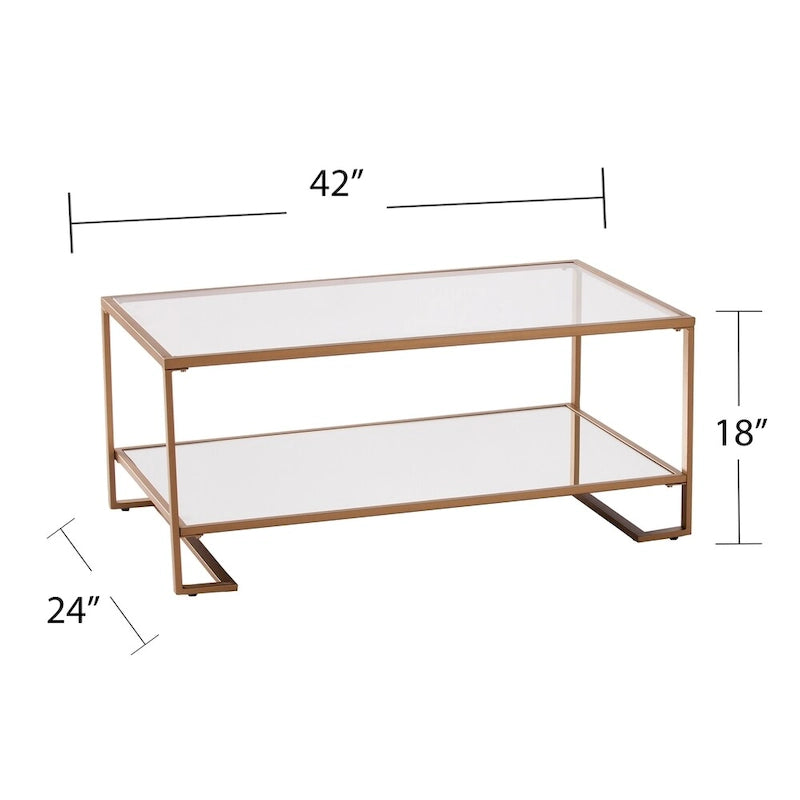Mesa de centro Glam dorada con tapa de cristal y estante de espejo