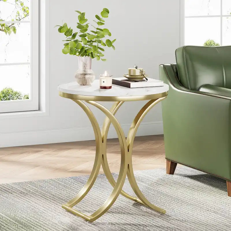 Mesa auxiliar redonda pequeña moderna con estructura de metal dorado y chapa de mármol sintético, madera de ingeniería para sala de estar