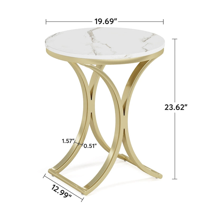 Mesa auxiliar redonda pequeña moderna con estructura de metal dorado y chapa de mármol sintético, madera de ingeniería para sala de estar