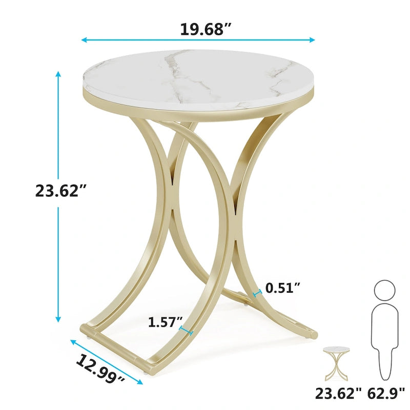 Mesa auxiliar redonda pequeña moderna con estructura de metal dorado y chapa de mármol sintético, madera de ingeniería para sala de estar