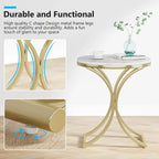 Mesa auxiliar redonda pequeña moderna con estructura de metal dorado y chapa de mármol sintético, madera de ingeniería para sala de estar