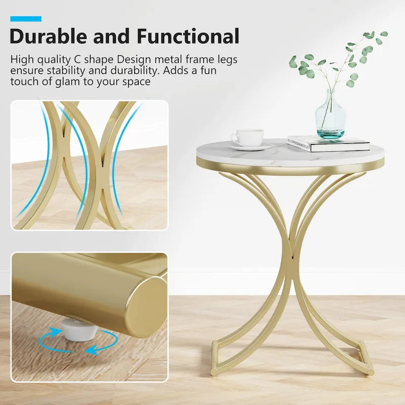 Mesa auxiliar redonda pequeña moderna con estructura de metal dorado y chapa de mármol sintético, madera de ingeniería para sala de estar