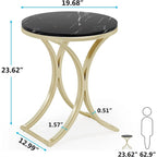 Mesa auxiliar redonda pequeña moderna con estructura de metal dorado y chapa de mármol sintético, madera de ingeniería para sala de estar