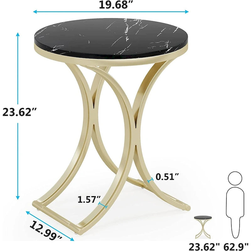 Mesa auxiliar redonda pequeña moderna con estructura de metal dorado y chapa de mármol sintético, madera de ingeniería para sala de estar
