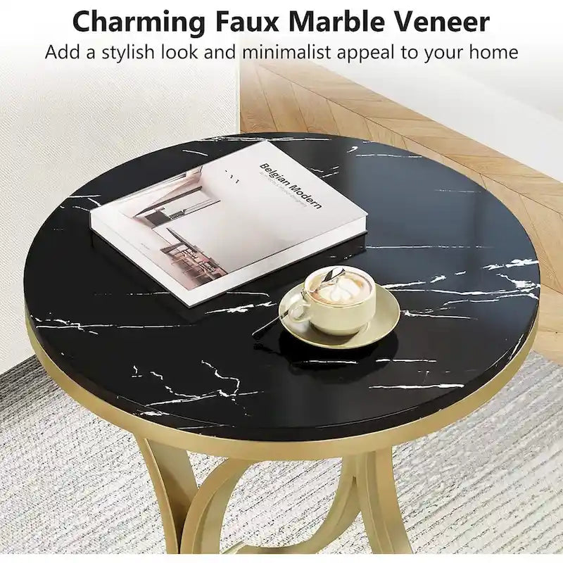 Mesa auxiliar redonda pequeña moderna con estructura de metal dorado y chapa de mármol sintético, madera de ingeniería para sala de estar
