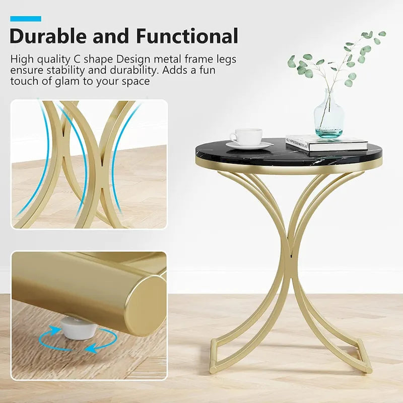 Mesa auxiliar redonda pequeña moderna con estructura de metal dorado y chapa de mármol sintético, madera de ingeniería para sala de estar