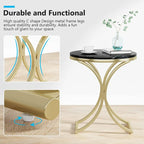 Mesa auxiliar redonda pequeña moderna con estructura de metal dorado y chapa de mármol sintético, madera de ingeniería para sala de estar