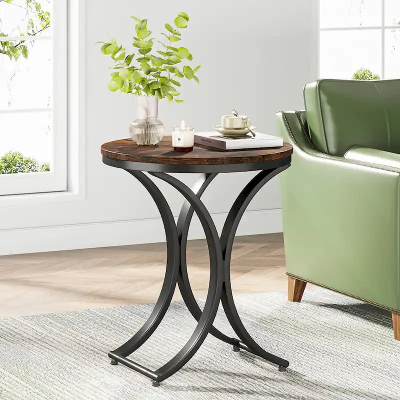 Mesa auxiliar redonda pequeña moderna con estructura de metal dorado y chapa de mármol sintético, madera de ingeniería para sala de estar
