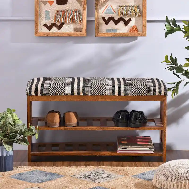 Upholstered 2-Shelf Storage Entryway and Bedroom Bench - 18 H x 34 W x 12 D